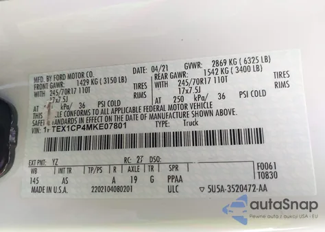 2021 Ford F-150 Xl from USA, damaged, VIN 1FTEX1CP4MKE07801